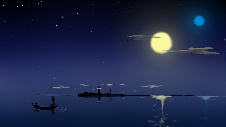 body of water, anime, boat, moonlight, night, sea, gondolas, Aria