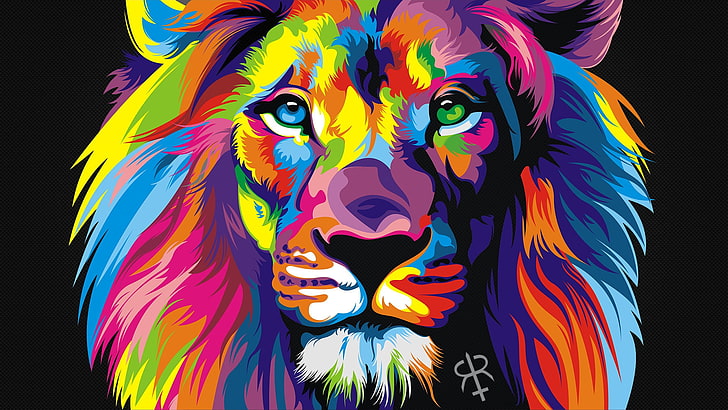 lion head illustration, green, blue, pink, and orange Lion painting HD wallpaper