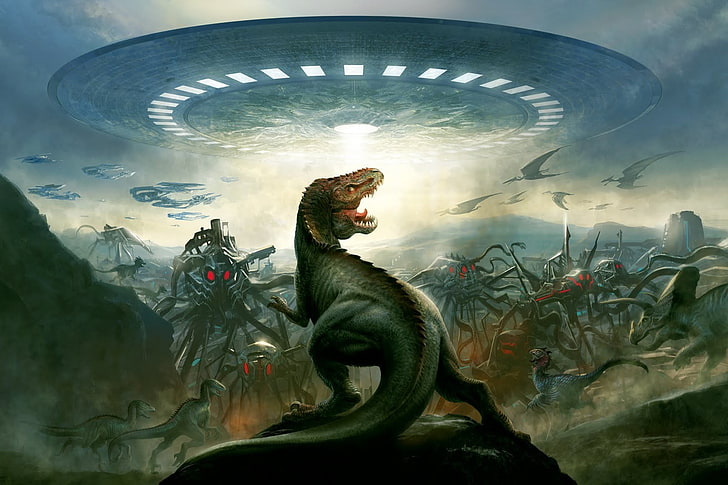 gray tyrannosaurus rex digital illustration, aliens, digital art