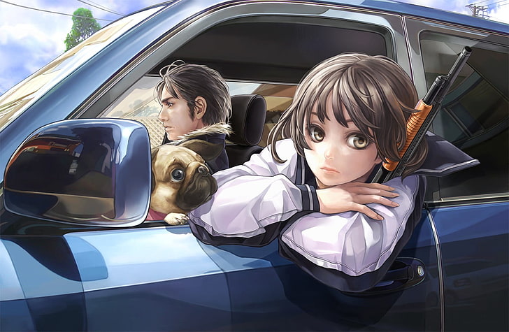anime, shotgun, car, motor vehicle, mode of transportation