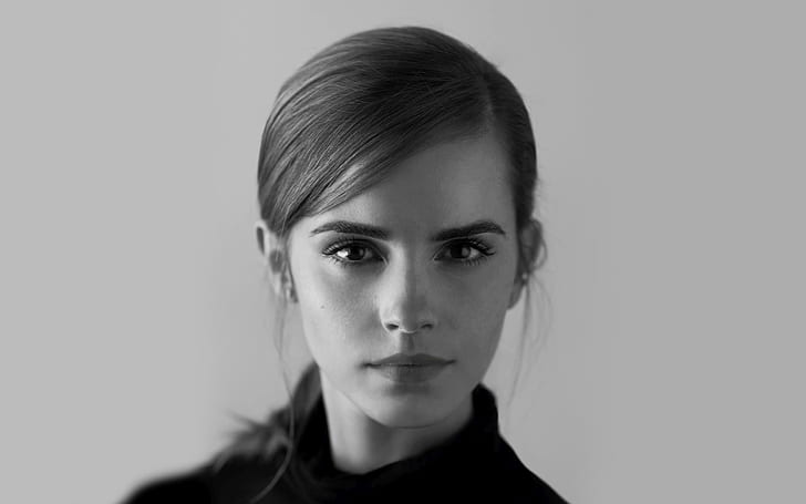monochrome, Emma Watson, brunette, women, celebrity, gray, gray background, HD wallpaper