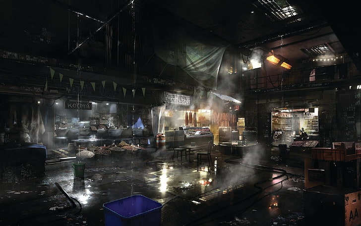 misty dark brown and black room wallpaper, Deus Ex, cyberpunk, HD wallpaper