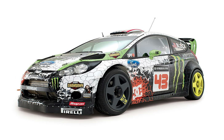 Ford Fiesta RS WRC, white, green, and black coupe racing car