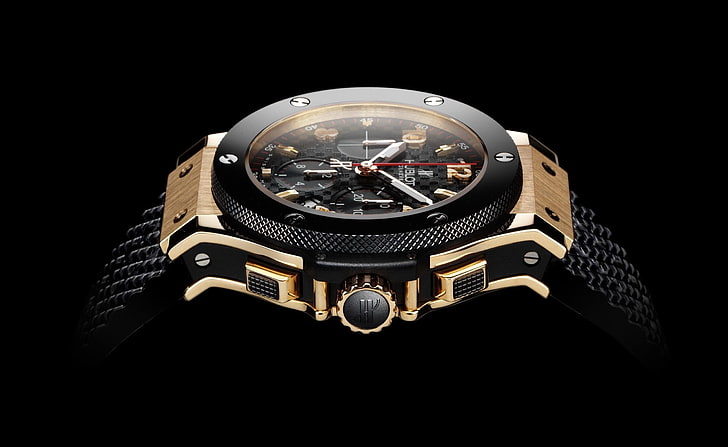 Hublot Watch, round black chronograph watch with black band, Aero, HD wallpaper