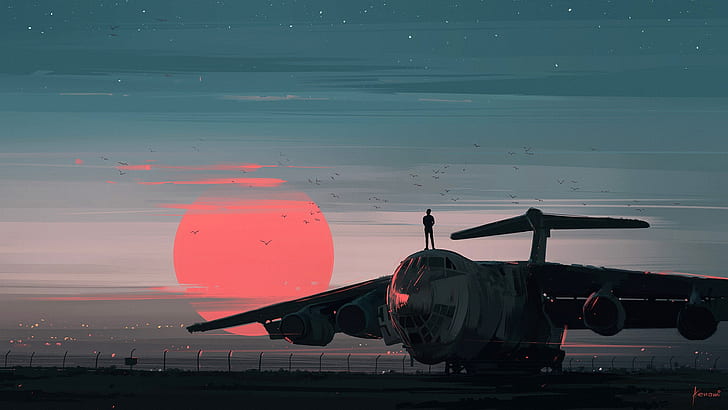 red, twilight, sky, landscape, sunset, birds, people, airplane, HD wallpaper