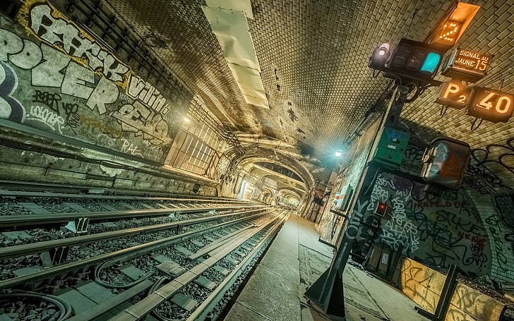 brown and gray metal frame, metro, underground, tunnel, illuminated