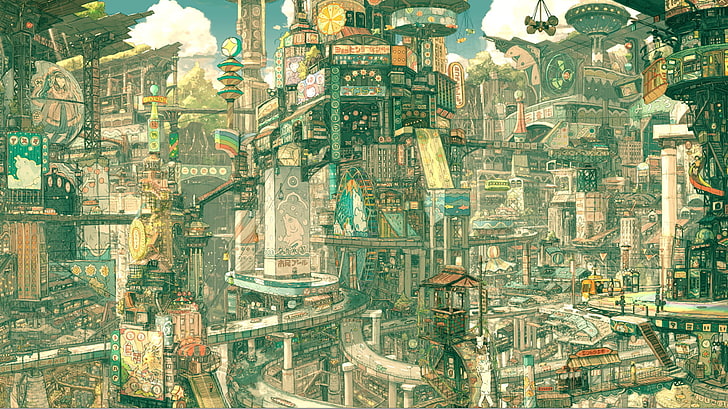 brown and green city building painting, anime, Imperial Boy, fantasy city