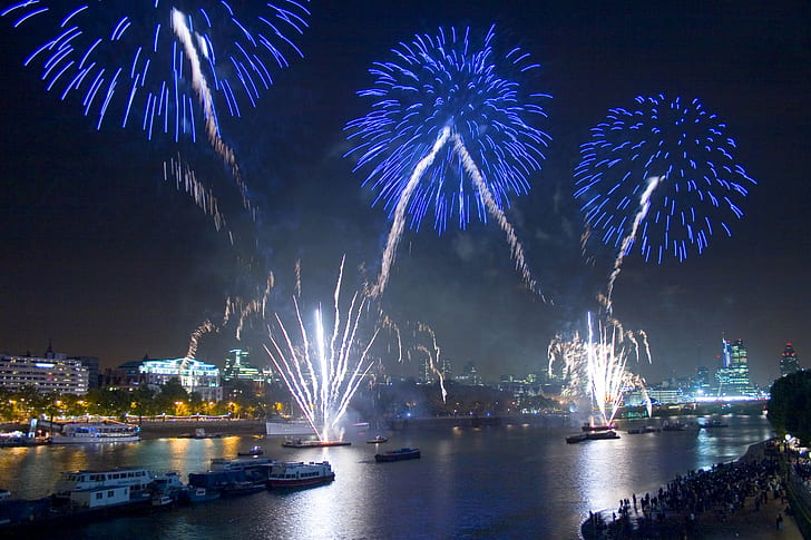 fireworks display on city, thames, thames, night, celebration, HD wallpaper