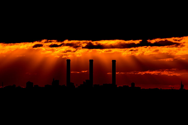 factory tubes, sunset, dark, sky, factories, industrial, smoke stack, HD wallpaper