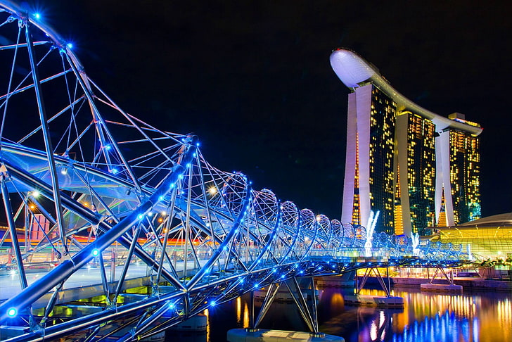 Marina Bay Sands, lights, bridge, Singapore, architecture, night, HD wallpaper