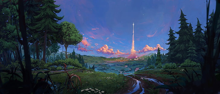 artwork, landscape, rocket, plant, tree, sky, beauty in nature, HD wallpaper