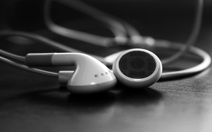white earphones, headphones, wires, membranes, table, technology