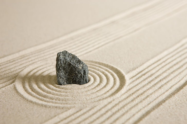 black stone, nature, sand, grain, circle, lines, zen, rock, calm, HD wallpaper