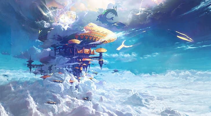 clouds, Rayquaza, Pokémon, anime, digital art, sky