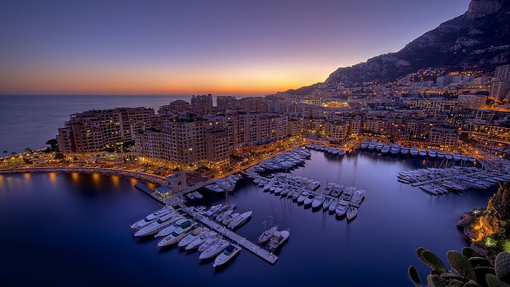 brown and white concrete building, city, water, sunset, Monaco, HD wallpaper