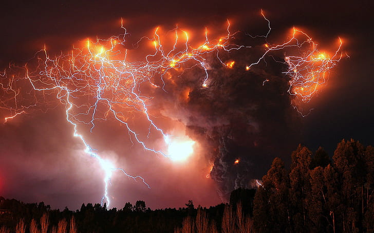 volcano, eruption, nature, Chile, night, landscape, lightning, HD wallpaper