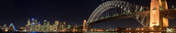 night, city, bridge, Sydney Harbour Bridge, triple screen
