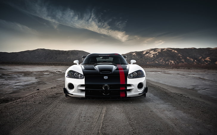 black and white sports car, Dodge, Dodge Viper, vehicle, clouds