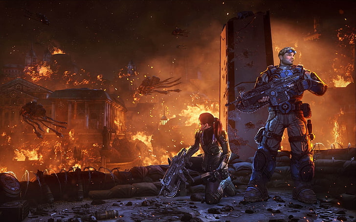 Gears of War, video games, Gears of War: Judgment, night, burning, HD wallpaper