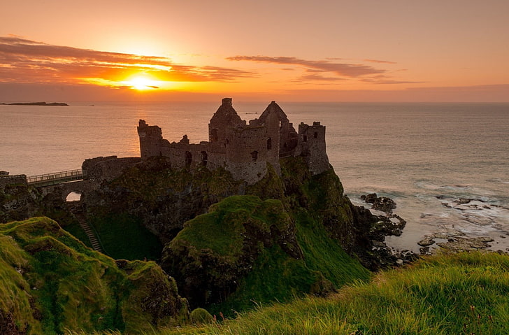 Castles, Dunluce Castle, Antrim, Ireland, Ruin, Sunset, HD wallpaper