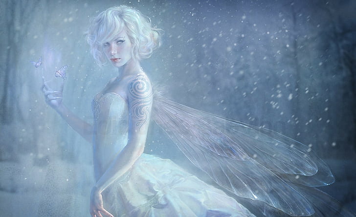 fantasy art, fairies, tattoo, butterfly, white hair, HD wallpaper