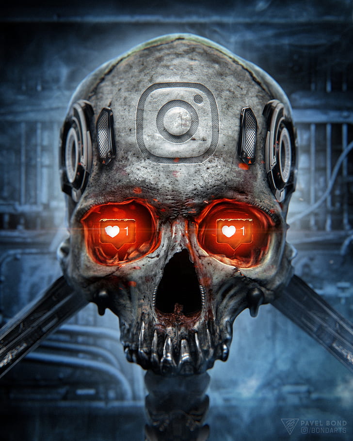 cyberpunk, skull, technology, Photoshop, depth of field, closeup, HD wallpaper