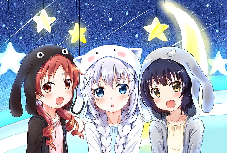 gray and brown haired girls, anime girls, Gochuumon wa Usagi Desu ka?