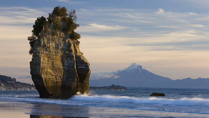 New Zealand Beach Mt Taranaki Landscape Rock Stone Ocean Island HD, rock formation by the seashore, HD wallpaper