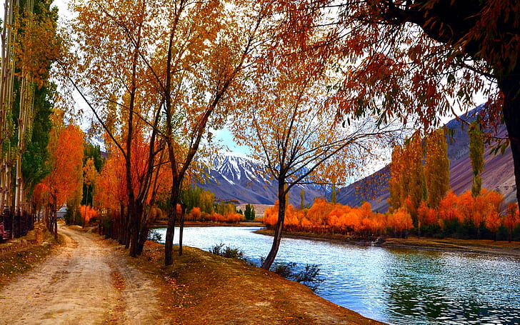 Autumn scenery, trees, red leaves, lake, path, mountains, HD wallpaper