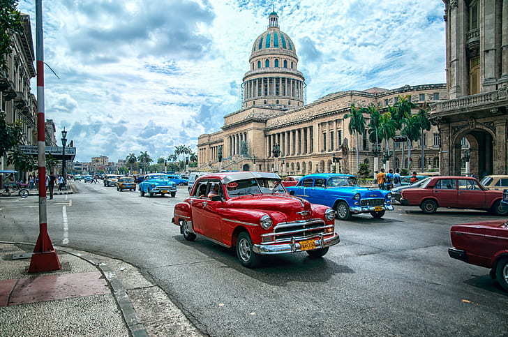 town, city, Havana, Cuba, capital, street, car, old car, architecture, theaters, dome