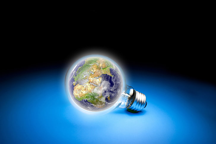 earth light bulb, artwork, lightbulb, planet earth, globe - man made object, HD wallpaper