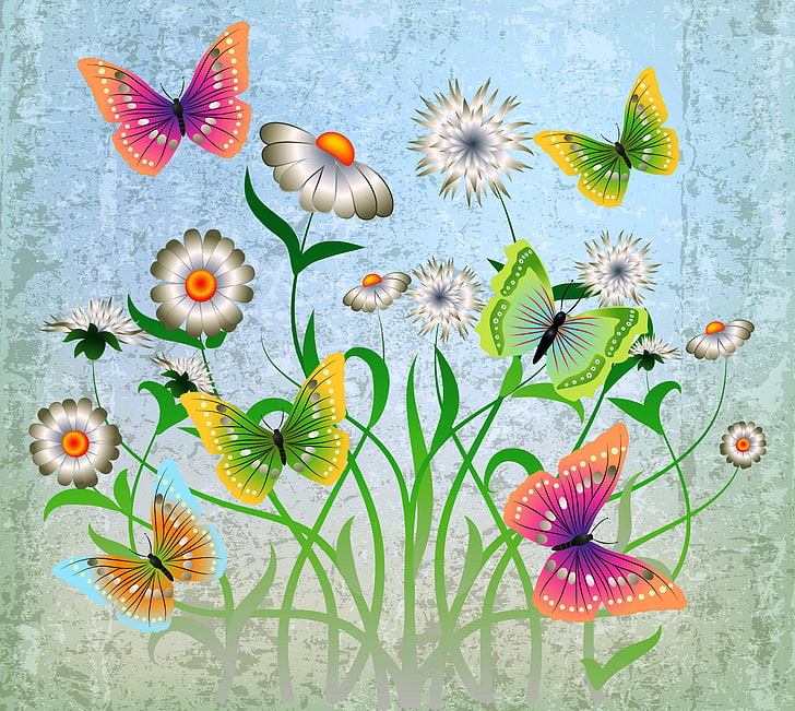 six assorted-color butterflies wallpaper, butterfly, flowers, HD wallpaper