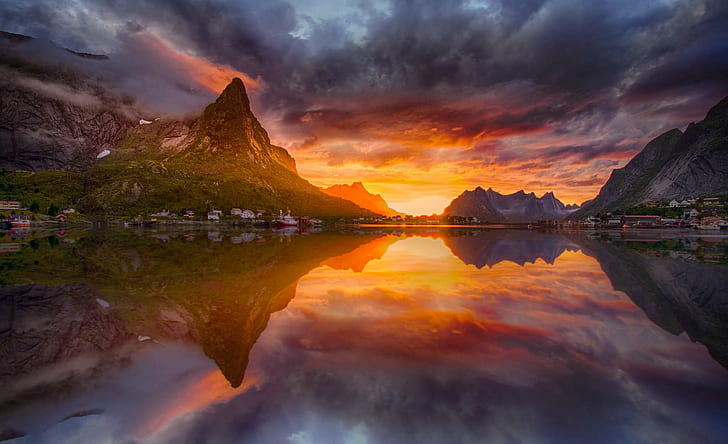 Fjord, landscape, Lofoten Islands, Midnight, nature, Norway, HD wallpaper