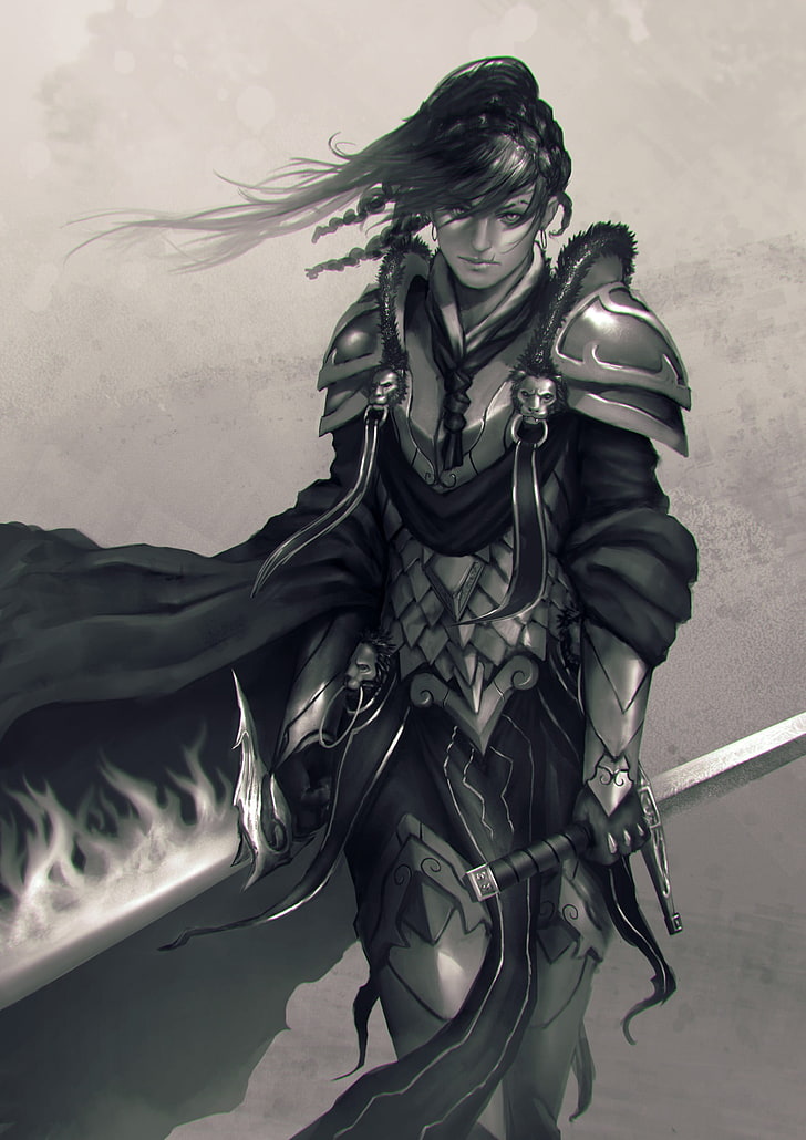 Black and white ink concept art drawing of fantasy female woman warrior  soldier in plate armor and with big ax. Stock Illustration | Adobe Stock