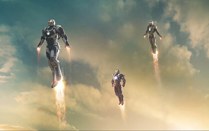 three Iron Man paintins, Iron Man 3, sky, cloud - sky, nature, HD wallpaper