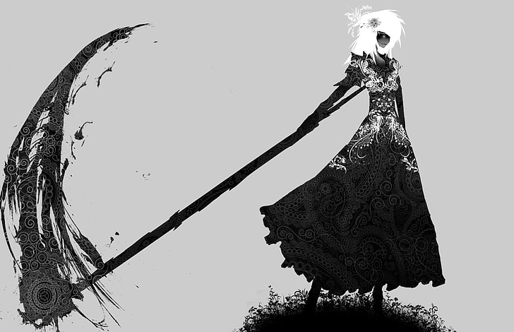 grim reaper illustration, scythe, monochrome, art and craft, creativity