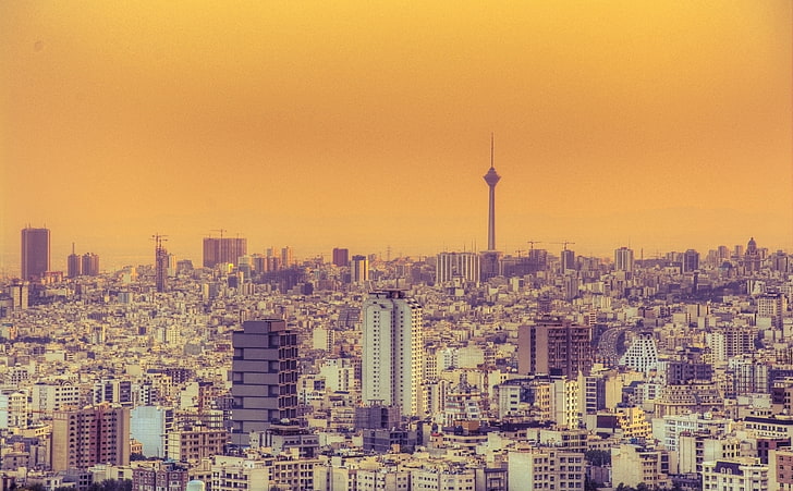 Tehran 0700 PM, City, Sunrise, Yellow, Morning, Buildings, Urban, HD wallpaper
