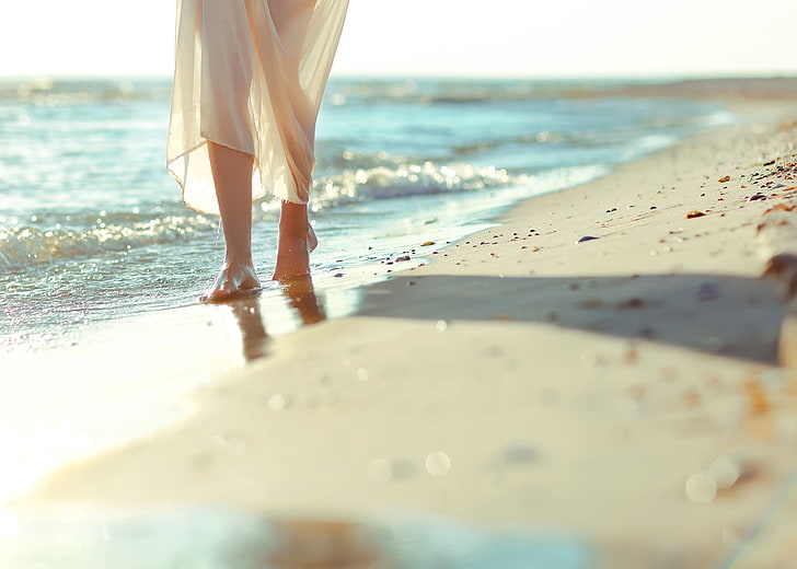 women's white midi dress, beach, barefoot, see-through clothing, HD wallpaper
