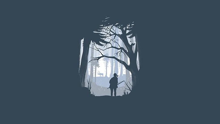 silhouette of person, person standing between trees silhouette