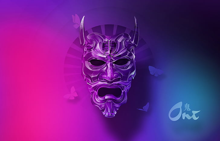 silver oni mask illustration, Devil mask, HD, 5K