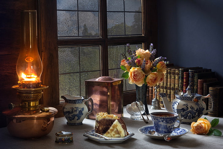 flowers, style, tea, books, lamp, roses, bouquet, window, still life, HD wallpaper