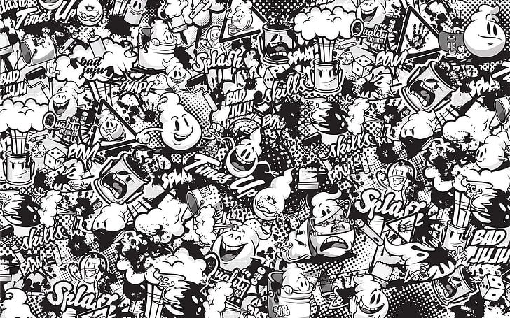 cartoon characters print, figure, black and white, grafiti, seamless, HD wallpaper