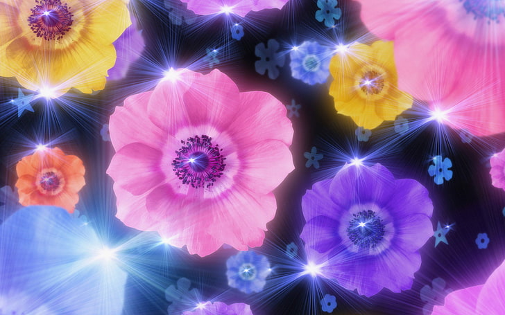 Anemone Flowers In Sparkling Light, pink, yellow, blue, and purple flowers wallpaper
