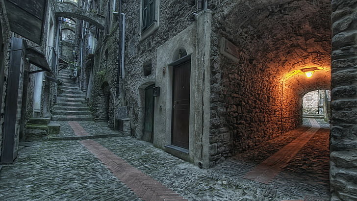Architecture, Old Building, Town, Street, Lights, Stairs, Door, Stones, Mysterious, House