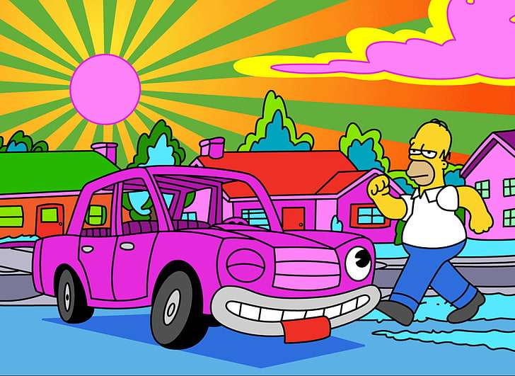 The Simpsons, Homer Simpson, cartoon, psychedelic, pink, multi colored