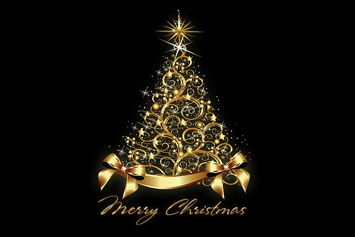 Merry Christmas text, tree, New Year, golden, xmas, celebration