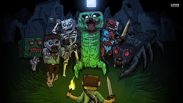 minecraft creeper video games zombies spider steve night, art and craft, HD wallpaper