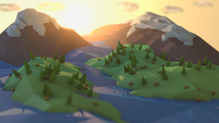 mountains and trees illustration, untitled, low poly, digital art