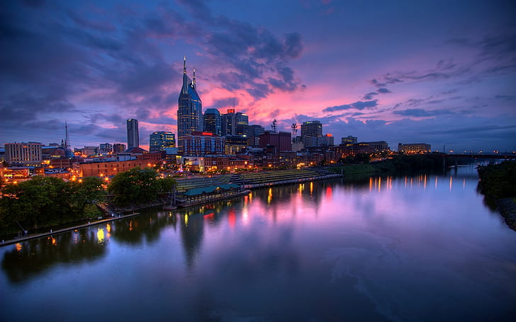 cityscape, urban, lights, river, Nashville, Tennessee, USA