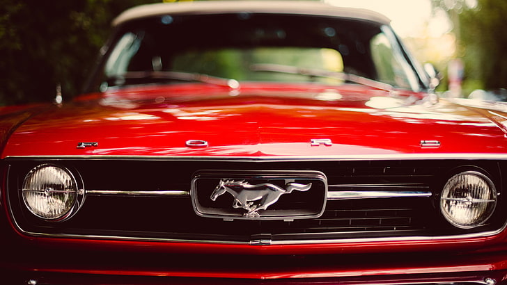 classic red Ford Mustang coupe, muscle cars, motor vehicle, mode of transportation